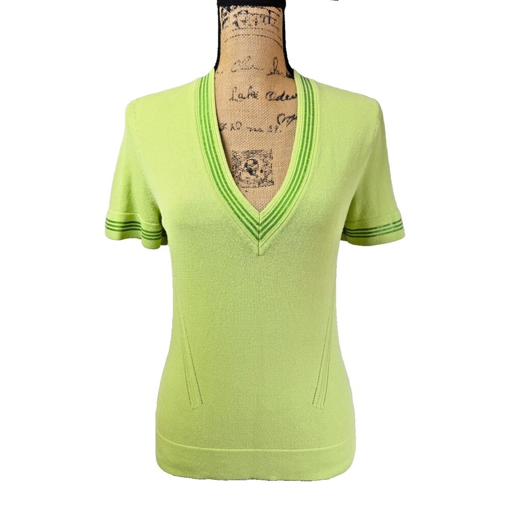 Les Copains Italy Lime Green Knit V-Neck Sweater Top Sequin Trim Short Sleeve M